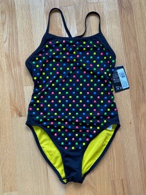 TYR Black One-Piece Cross Fit Swimsuit with Neon Dot Accents Lap Swim